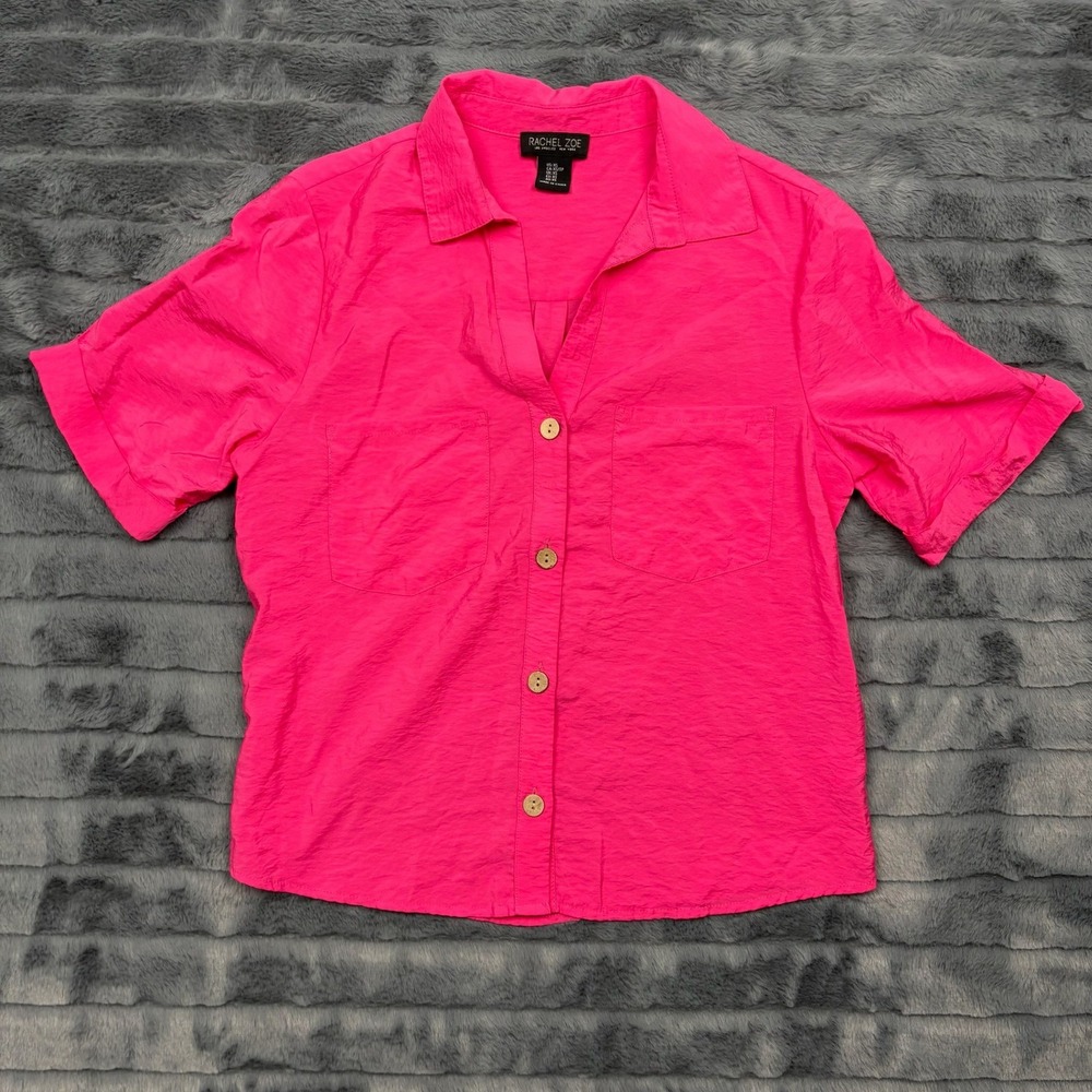 Rachel Zoe Women Hot Pink Short Sleeve Button Down Shirt Rayon Blend XS 8299